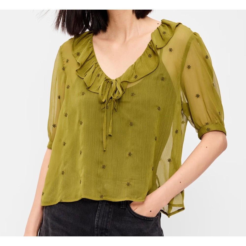 Old Navy Sheer Ruffle Collar T-Front Chiffon Blouse #911343- Mysterious Fern - M